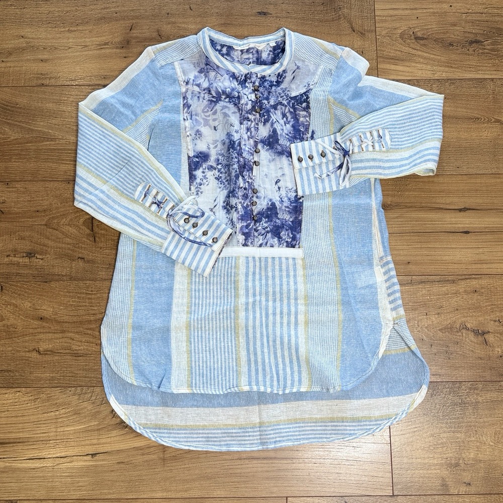 Soft Surroundings Sz S Henley Print Stripes Boho‎ Linen Long Sleeve Lightweight